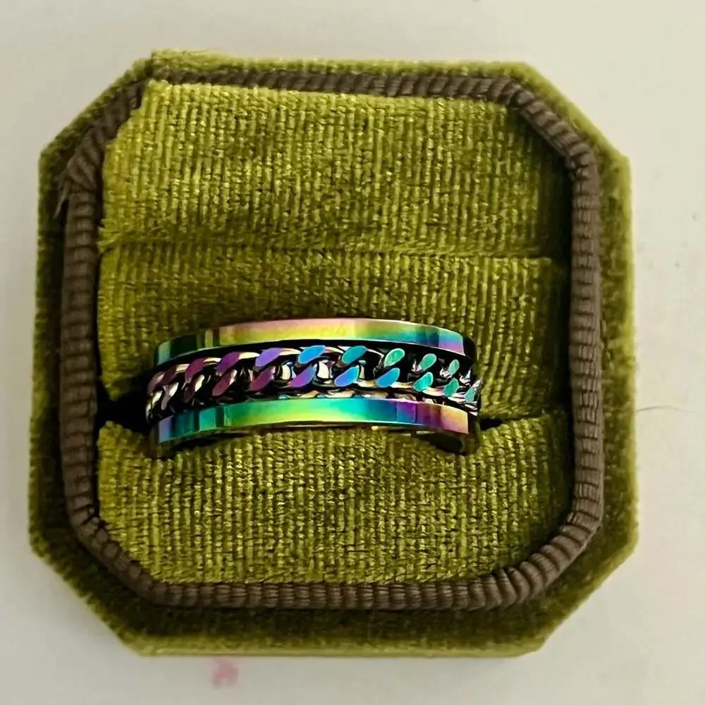 Stainless Steel Rainbow Spinner Ring with Center Chain 8mm Band Size 12